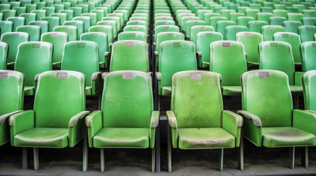 Generative AI An empty rows of plastic seats in football stadium. Stadium seating is a seating arranの素材