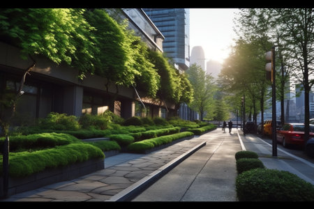 Generative AI Urban greening sidewalks and skyscraperの素材