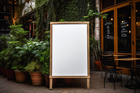 Generative AI White paper poster mockup displayed outside the building restaurant. Marketing and busの素材