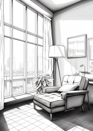 Generative AI Room graphic black white empty home interior sketch illustration vectorの素材