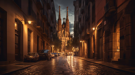 Generative AI Empty street of Barri Gotic at night, Barcelonaの素材