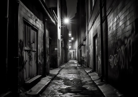 Generative AI Dark and eerie urban city alley at nightの素材