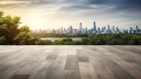 Generative AI Panoramic view of empty concrete tiles floor with city skyline. Sunset scene. 3d rendeの素材