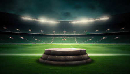 Generative AI Empty green grass field and alight outdoor stadium with fans, front playground view, gの素材