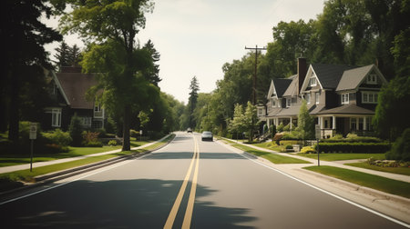 Generative AI Panorama view of houses from an empty sidewalk street with cars, treesの素材