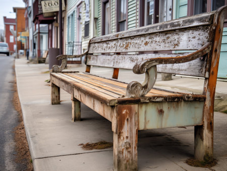 Generative AI A view of wooden benches along an empty sidewalkの素材