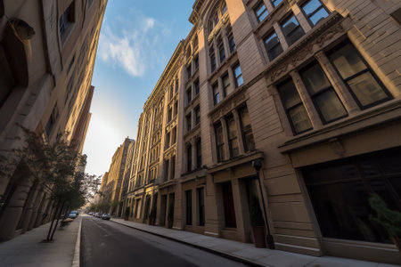 Generative AI New York City old SoHo Downtown paving stone street with retail stores and luxury aparの素材