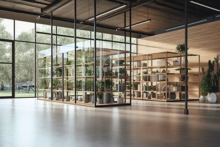 Generative AI A view from the outside to the empty interior of the store through a large glass case.の素材