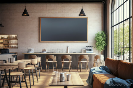 Generative AI Cozy cafe interior with sofas and tables for quick lunch, angle view, panorama, copy sの素材