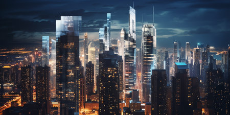 Generative AI Skyscrapers Cityscape Downtown, New York Skyline Buildings. Beautiful Real Estate. Nigの素材