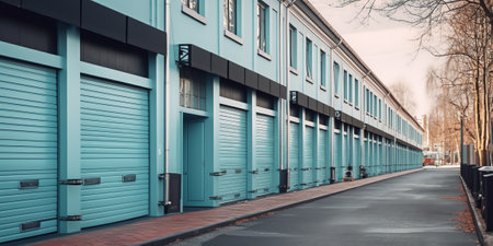 Generative AI Small office with door and storefronts closed with venetian blinds. Porphyry sidewalkの素材