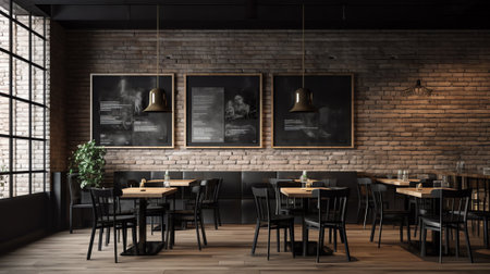 Generative AI Modern black and gray cafe interior with a round and a rectangular signs, wooden tableの素材