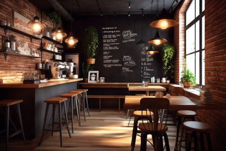 Generative AI 3d render of cafe bar restaurant nobody indoor. Empty coffee shop interior daytime witの素材