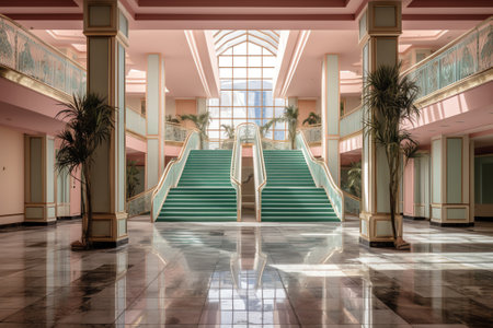 Generative AI Escalators and marble floors of a luxurious mall. No people or ads.の素材