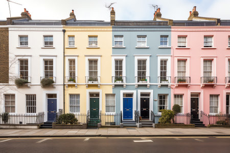 Generative AI London, UK. May, 2022. Empty sidewalk and row of beautiful white Edwardian houses withの素材