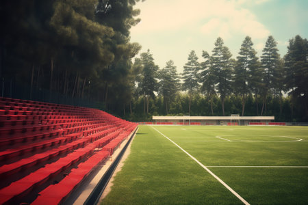 Generative AI Empty stadium with white chairs in tribune and the green lawn grassの素材