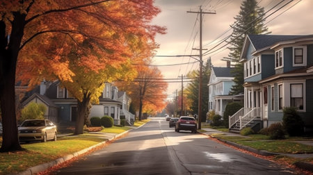 Generative AI Panorama view of houses from an empty sidewalk street with cars, treesの素材
