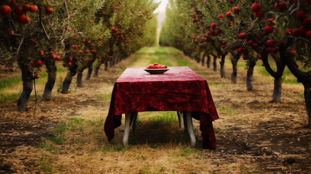 Generative AI table space and apple garden of trees and fruitsの素材