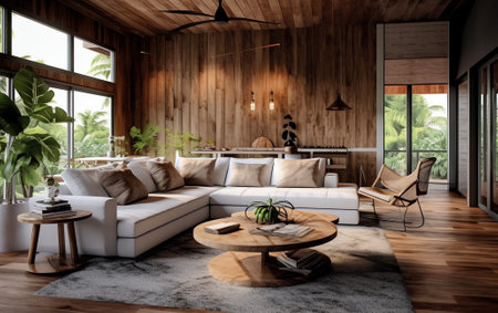 Generative AI Rustic coffee table and cozy lounge space with wooden wallsの素材