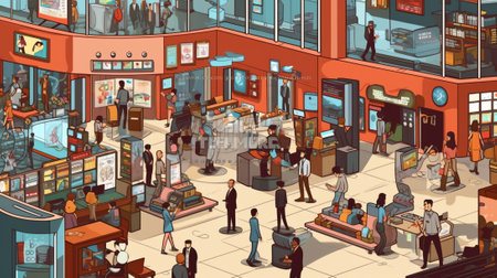 Generative AI Food court in shopping mall. Horizontal vector illustration with many seats. flat vectの素材