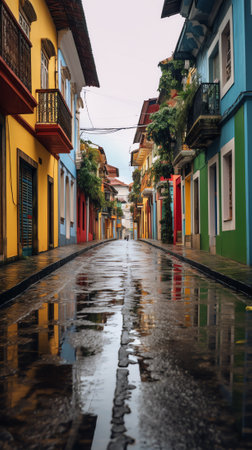 Generative AI Empty paved wet walkway between river and buildings under overcast sky with bright raiの素材