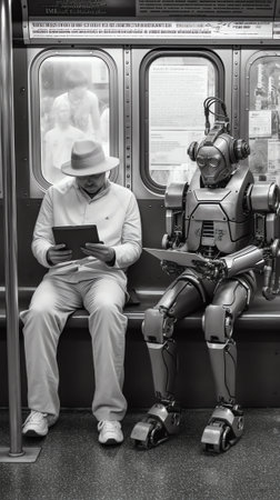 Generative AI NEW YORK CITY - JAN. 10: A couple of passengers ride the NYC subway from World Trade Cの素材