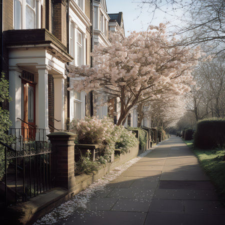 Generative AI London, UK. May, 2022. Empty sidewalk and row of beautiful white Edwardian houses withの素材