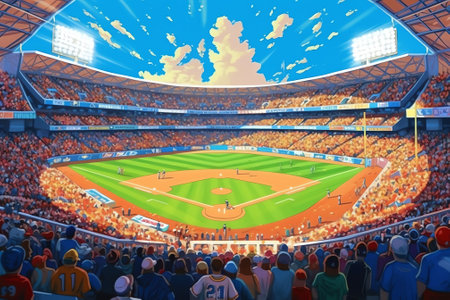 Generative AI empty baseball stadium arena with fans crowd in the sunny day lights 3d illustrationの素材