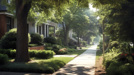 Generative AI Panorama view of brick houses from an empty sidewalk street with trees and lanternsの素材