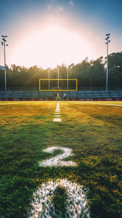 Generative AI empty football field cup with lamps and green grassの素材