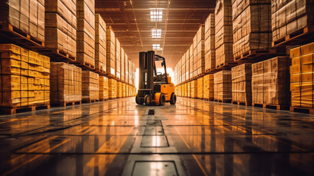 Generative AI warehouse interior wit blurred forklift and worker in logistic centerの素材