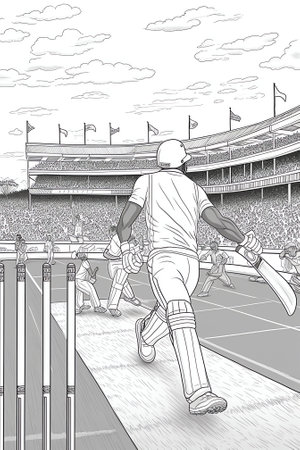 Generative AI Cricket stadium line drawing illustration vector. Playground sketch with colorful brusの素材