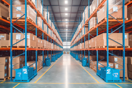 Generative AI Rows of shelves with boxes in factory warehouseの素材