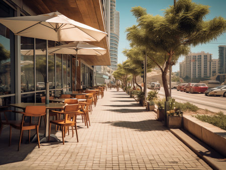 Generative AI Empty restaurant terrace with tables and chairs Valleta Malta. Lockdownの素材