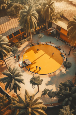 Generative AI Aerial view of a roundabout with a lily point water fountain during Covid-19 lockdown,の素材