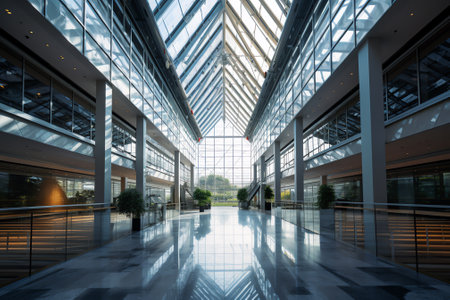 Generative AI Interior of multi-storied contemporary business center with glass walls and roofの素材