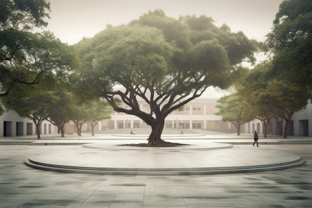 Generative AI Empty square floor and green tree with glass wall scenery in the parkの素材