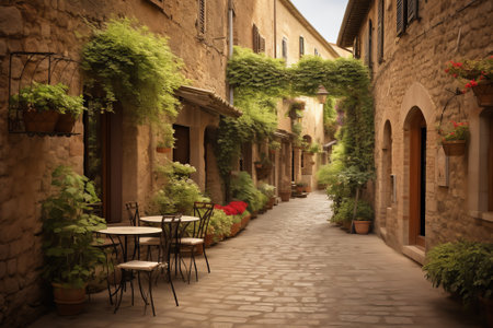 Generative AI Italy- tuscany- bagno vignoni- empty tables outside restaurantの素材