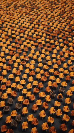 Generative AI Rows of empty orange stadium seats at sports complex during COVID-19 pandemic.の素材