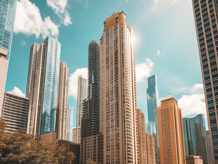 Generative AI Skyscrapers Cityscape Downtown, Chicago Skyline Buildings. Beautiful Real Estate. Dayの素材