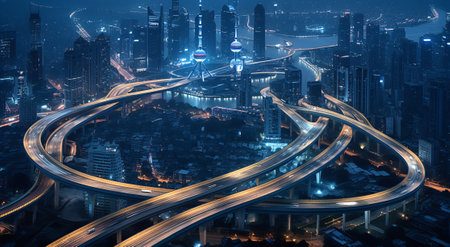 Generative AI Race track road and bridge with city skyline at night in Shanghai.の素材