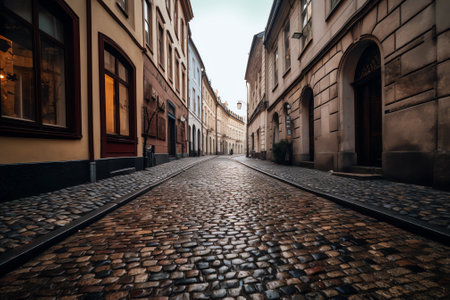 Generative AI Empty streets of the old town of Riga pavers early summer morningの素材