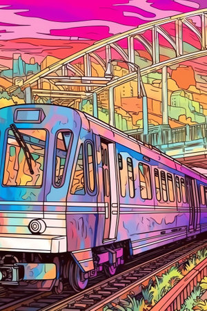 Generative AI Train in metro station, empty subway platform, underground interior with map and ads bの素材