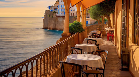 Generative AI Empty sidewalk bar tables, in Santa Cruz de Tenerife. Canary Islands. Spainの素材