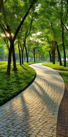 Generative AI Curved sidewalk, path, trail at the empty street. Neighborhood scenery.の素材