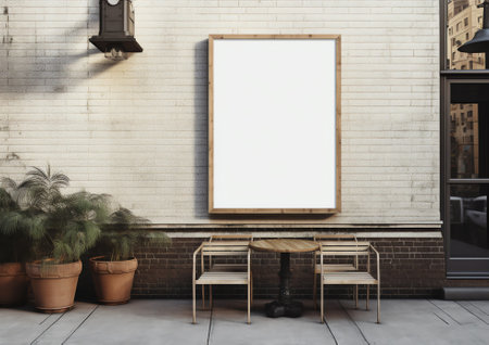 Generative AI White paper poster mockup displayed outside the building restaurant. Marketing and busの素材