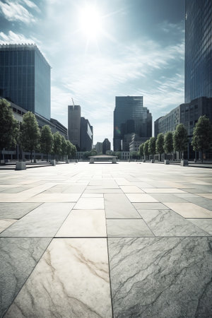 Generative AI Empty ground with steel pavement in front of modern buildings. Photorealistic 3D rendeの素材