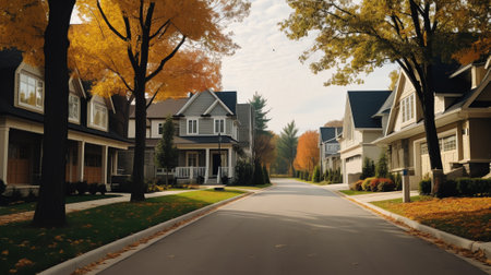 Generative AI Panorama view of brick houses from an empty sidewalk street with cars, trees and lanteの素材