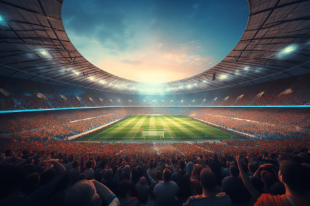 Generative AI soccer stadium evening arena with crowd fans 3D illustrationの素材