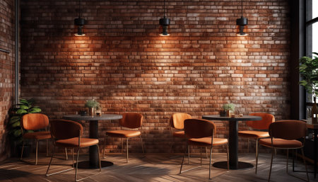 Generative AI cement counter nightclub with seat bar stool and brick wall backgroundの素材